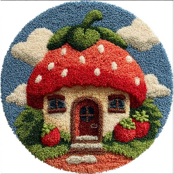 Round Shape Latch Hook Kits Rug Mushroom House 50X50Cm Diy Cushion Rug Carpet Making Crochet Hook Kits Pre Printed Pattern Canvas Cushion Acrylic Yarn Hooking Kits Mat Kits