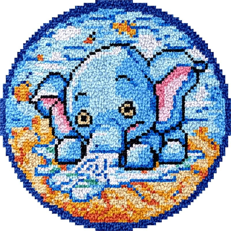 Round Shape Latch Hook Rug Kits Cartoon Elephant Set for Starter Crochet Hook Cushion Mat Sofa Seat Cushion Crocheting Kits with Preprinted Canvas Crochet Yarn Kits 50X50CM (fi43)