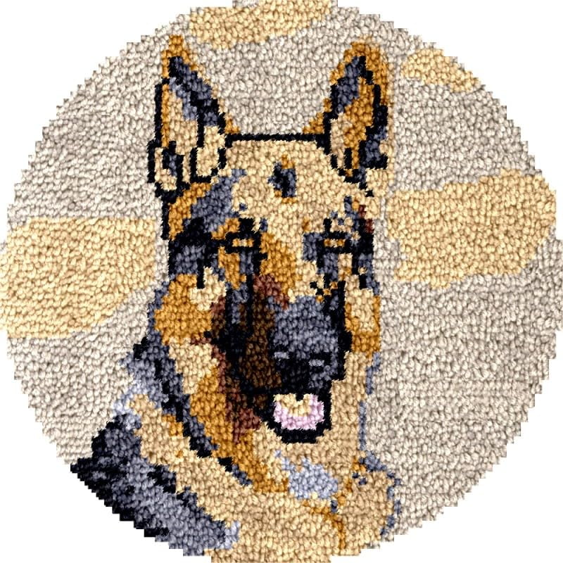 Round Shape Latch Hook Rug Kits German Shepherd Set for Starter Crochet Hook Cushion Mat Sofa Seat Cushion Crocheting Kits with Preprinted Canvas Crochet Yarn Kits 50X50CM (fi38)