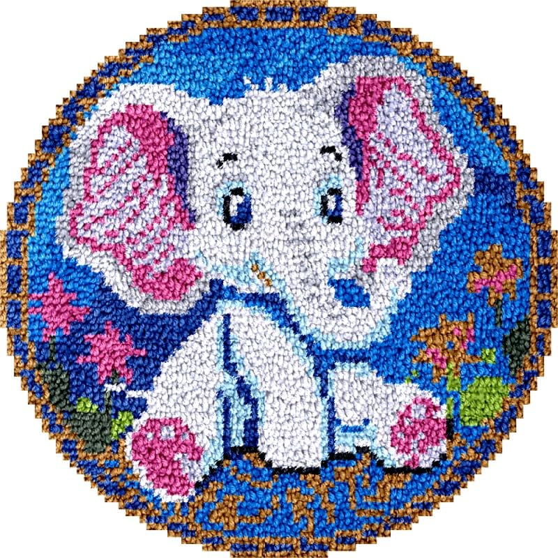 Round Shape Latch Hook Rug Kits Set Baby Elephant for Starter Crochet Hook Cushion Mat Sofa Seat Cushion Crocheting Kits with Preprinted Canvas Crochet Yarn Kits 50X50CM (fi54)