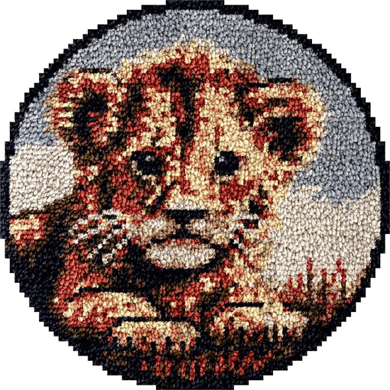 Round Shape Latch Hook Rug Kits Set Baby Lion for Starter Crochet Hook Cushion Mat Sofa Seat Cushion Crocheting Kits with Preprinted Canvas Crochet Yarn Kits 50X50CM (fi70)