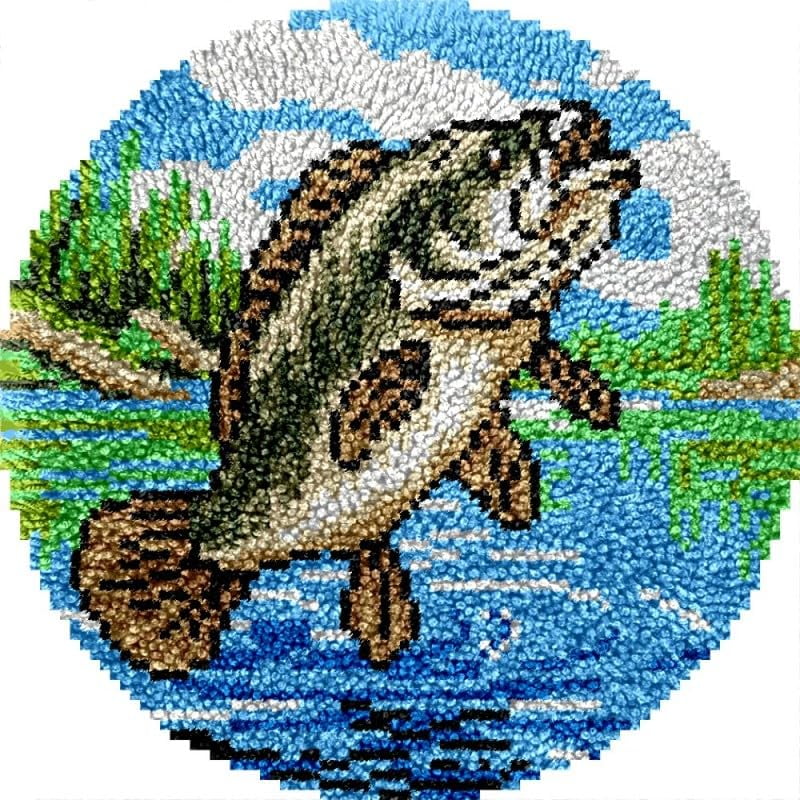 Round Shape Latch Hook Rug Kits Set Bass Fishing Fish for Starter Crochet Hook Cushion Mat Sofa Seat Cushion Crocheting Kits with Preprinted Canvas Crochet Yarn Kits 50X50CM (fi115)