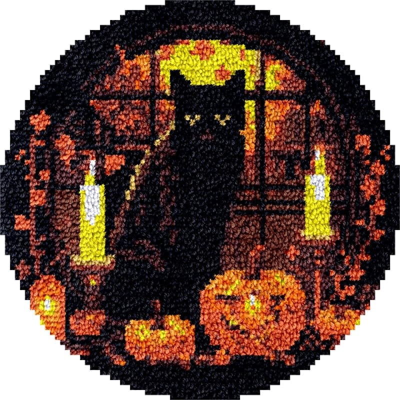 Round Shape Latch Hook Rug Kits Set Black Cat & Candles for Starter Crochet Hook Cushion Mat Sofa Seat Cushion Crocheting Kits with Preprinted Canvas Crochet Yarn Kits 50X50CM (fi102)