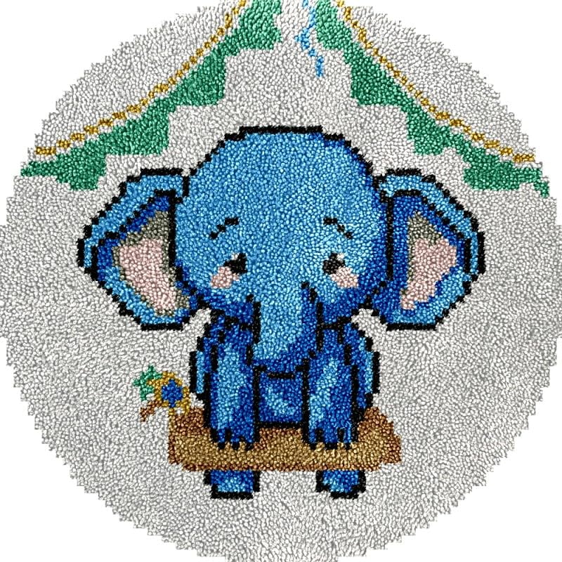 Round Shape Latch Hook Rug Kits Set Cartoon Blue Elephant for Starter Crochet Hook Cushion Mat Sofa Seat Cushion Crocheting Kits with Preprinted Canvas Crochet Yarn Kits 50X50CM (fi127)