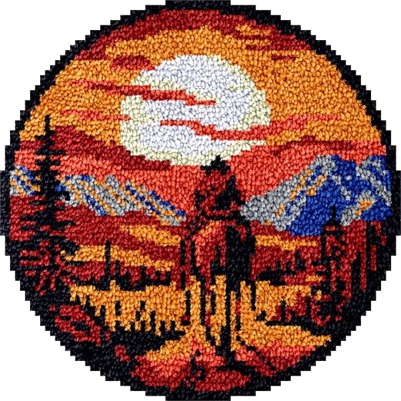 Round Shape Latch Hook Rug Kits Set Cowboy Horse Ride for Starter Crochet Hook Cushion Mat Sofa Seat Cushion Crocheting Kits with Preprinted Canvas Crochet Yarn Kits 50X50CM (fi69)