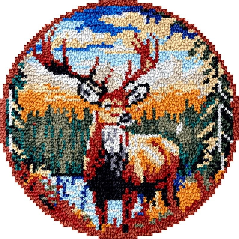 Round Shape Latch Hook Rug Kits Set Deer for Starter Crochet Hook Cushion Mat Sofa Seat Cushion Crocheting Kits with Preprinted Canvas Crochet Yarn Kits 50X50CM (fi47)