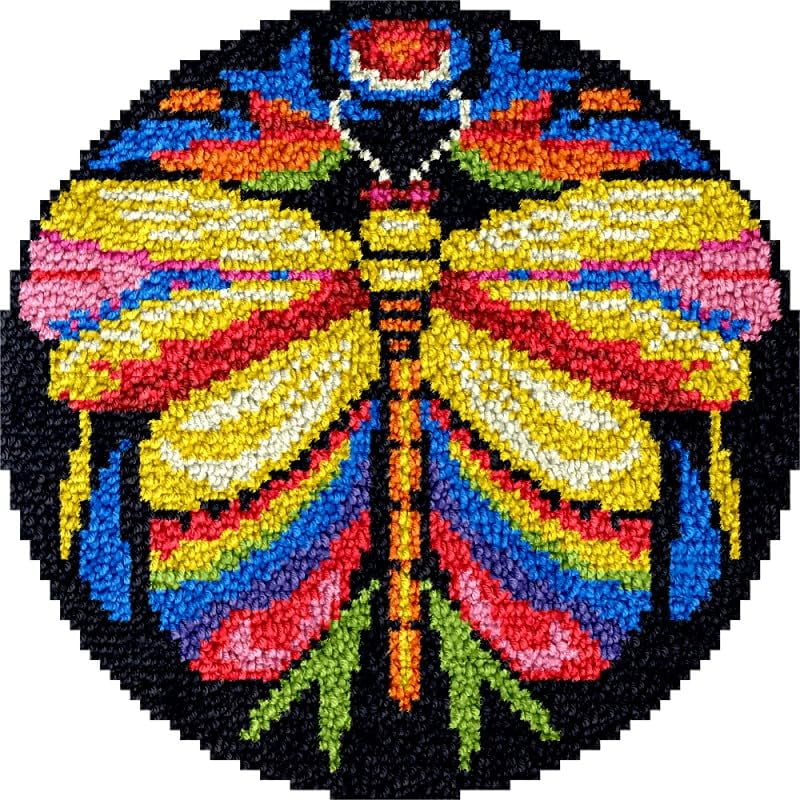 Round Shape Latch Hook Rug Kits Set Dragonfly for Starter Crochet Hook Cushion Mat Sofa Seat Cushion Crocheting Kits with Preprinted Canvas Crochet Yarn Kits 50X50CM (fi94)