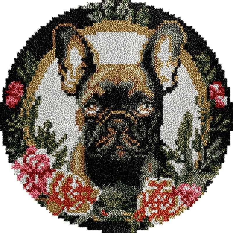 Round Shape Latch Hook Rug Kits Set Flowers Boston Terrier for Starter Crochet Hook Cushion Mat Sofa Seat Cushion Crocheting Kits with Preprinted Canvas Crochet Yarn Kits 50X50CM (fi126)