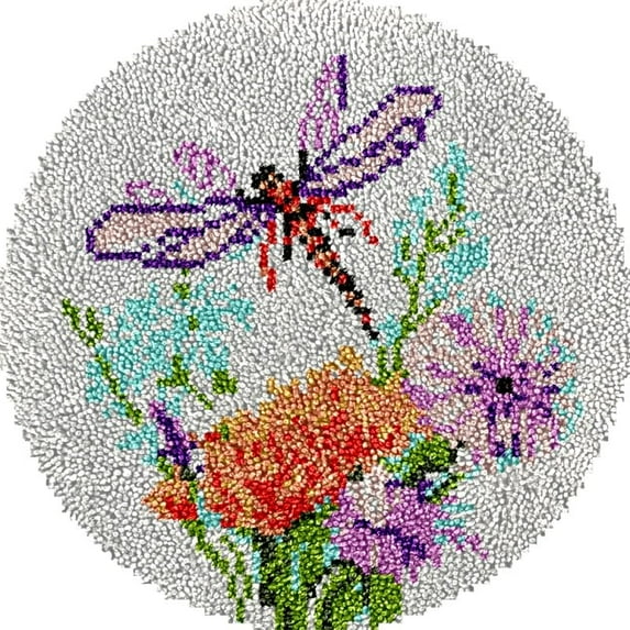 Round Shape Latch Hook Rug Kits Set Flowers & Dragonfly for Starter Crochet Hook Cushion Mat Sofa Seat Cushion Crocheting Kits with Preprinted Canvas Crochet Yarn Kits 50X50CM (fi122)