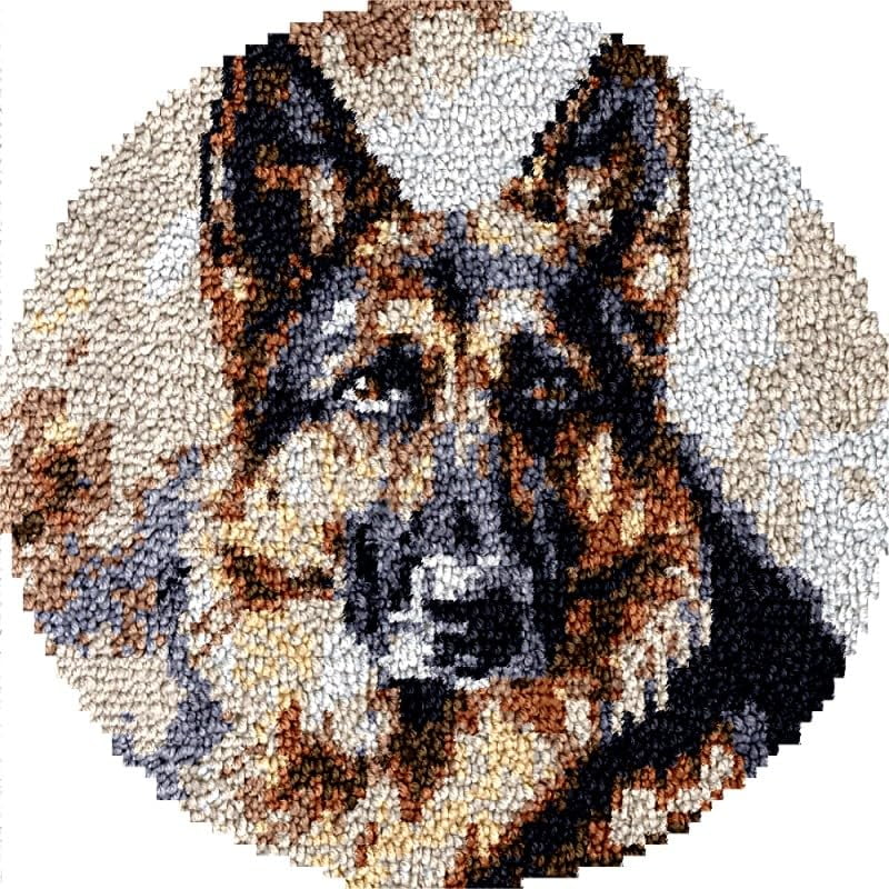 Round Shape Latch Hook Rug Kits Set German Shepherd for Starter Crochet Hook Cushion Mat Sofa Seat Cushion Crocheting Kits with Preprinted Canvas Crochet Yarn Kits 50X50CM (fi48)