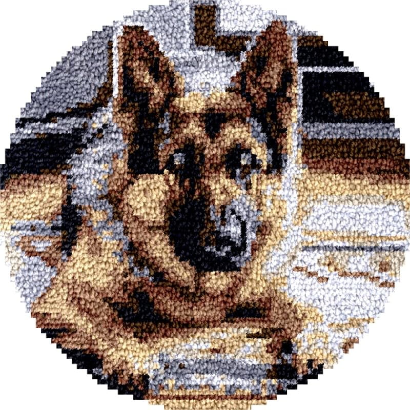 Round Shape Latch Hook Rug Kits Set German Shepherd for Starter Crochet Hook Cushion Mat Sofa Seat Cushion Crocheting Kits with Preprinted Canvas Crochet Yarn Kits 50X50CM (fi45)