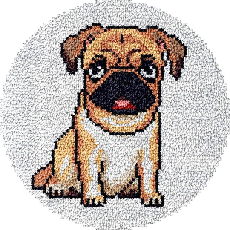 Round Shape Latch Hook Rug Kits Set Pug Dog for Starter Crochet Hook Cushion Mat Sofa Seat Cushion Crocheting Kits with Preprinted Canvas Crochet Yarn Kits 50X50CM (fi103)