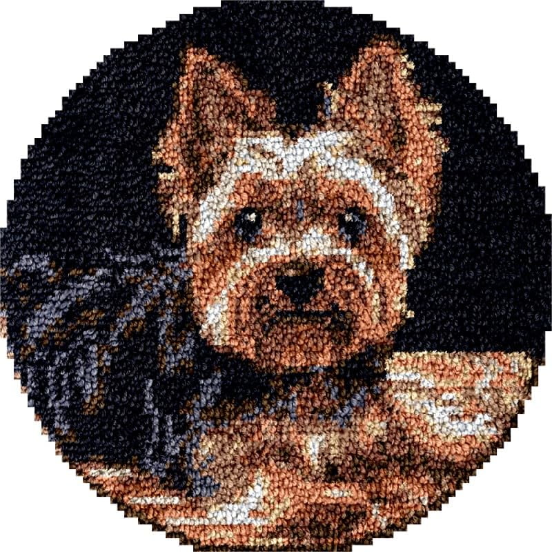 Round Shape Latch Hook Rug Kits Set Yorkshire Terrier for Starter Crochet Hook Cushion Mat Sofa Seat Cushion Crocheting Kits with Preprinted Canvas Crochet Yarn Kits 50X50CM (fi61)