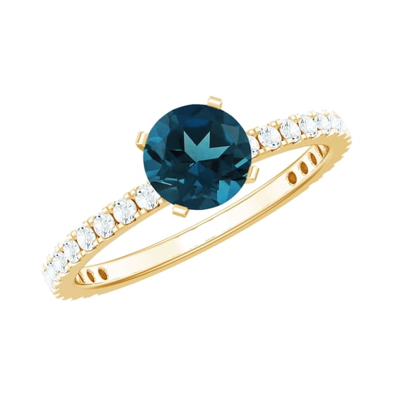 Rosec Jewels London Blue Topaz Engagement Ring 1 Carat - (7 mm Round, AAA Quality Certified) Real Blue Topaz and Diamond Ring, 18K Yellow Gold, US 12.00