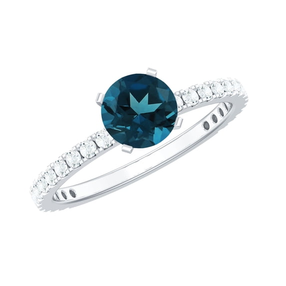 Rosec Jewels London Blue Topaz Engagement Ring 1 Carat - (AAA Quality Certified) Real Blue Topaz and Diamond Ring, 925 Sterling Silver, US 4.00