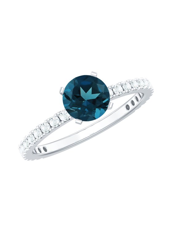 London Blue Topaz Engagement Ring 1 Carat - (AAA Quality Certified) Real Blue Topaz and Diamond Ring for Women, 925 Sterling Silver, US 4.00