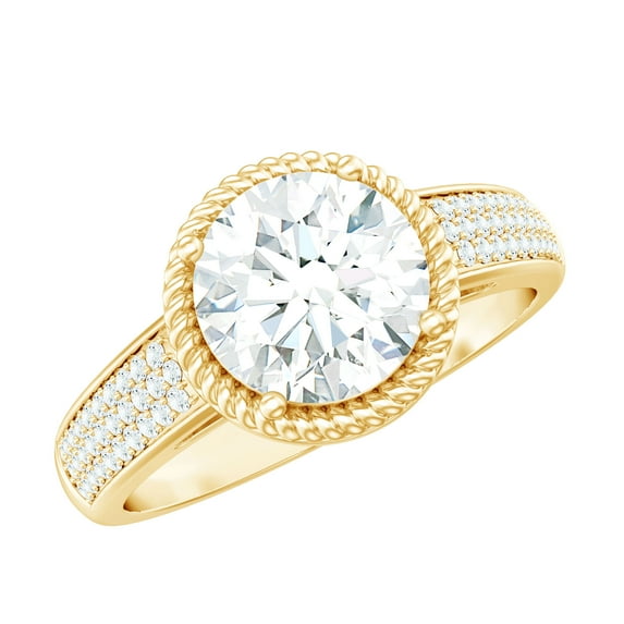 Round Moissanite Engagement Ring with Side Stones (2 Carat, 8 mm, D-VS1 Quality), 10K Yellow Gold, US 12.25