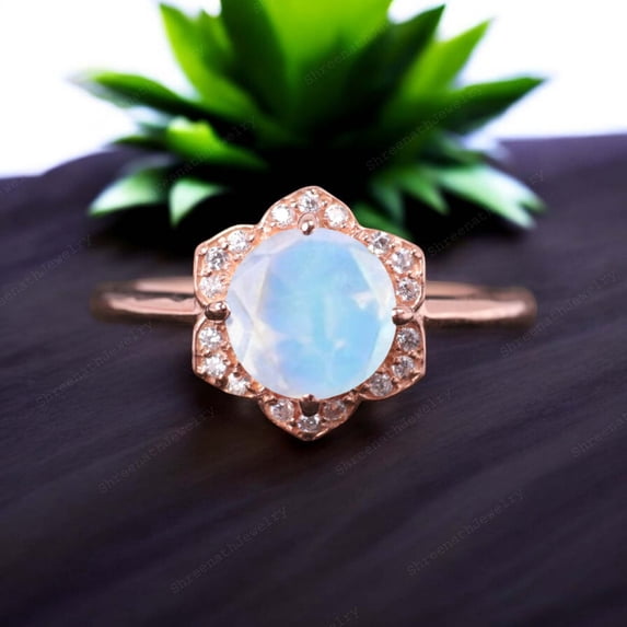 Round Shape Moonstone Engagement Ring Diamond Halo Flower Wedding Jewelry Rose Gold Promise Ring June Birthstone Gift Ring