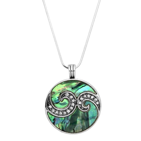 Round Shape Pendant Necklace Abalone Shell Rhodium Plated 17 Inch Snake Chain J0786