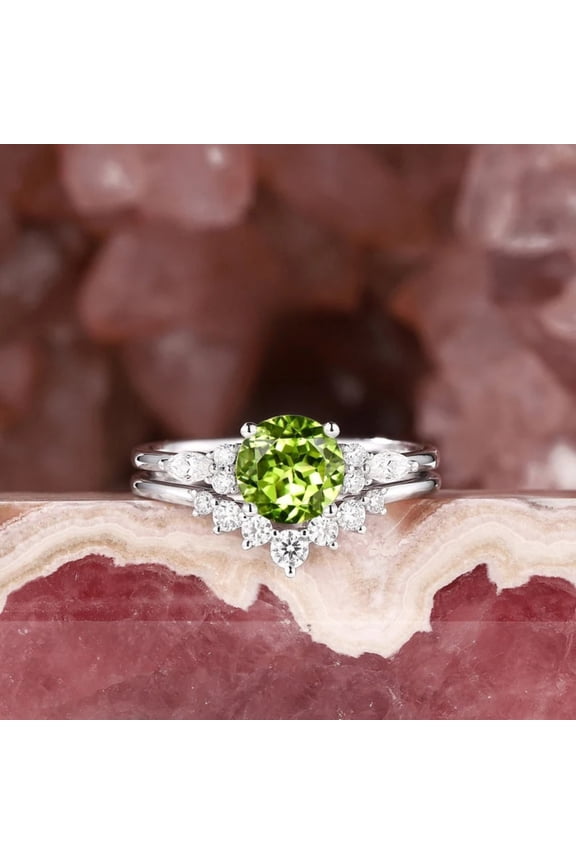 Round Shape Peridot Engagement Ring Set IN 925 Sterling Silver- August Birthstone Wedding Ring For Wife- Peridot Bridal Ring Set