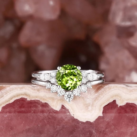 Round Shape Peridot Engagement Ring Set IN 925 Sterling Silver- August Birthstone Wedding Ring For Wife- Peridot Bridal Ring Set