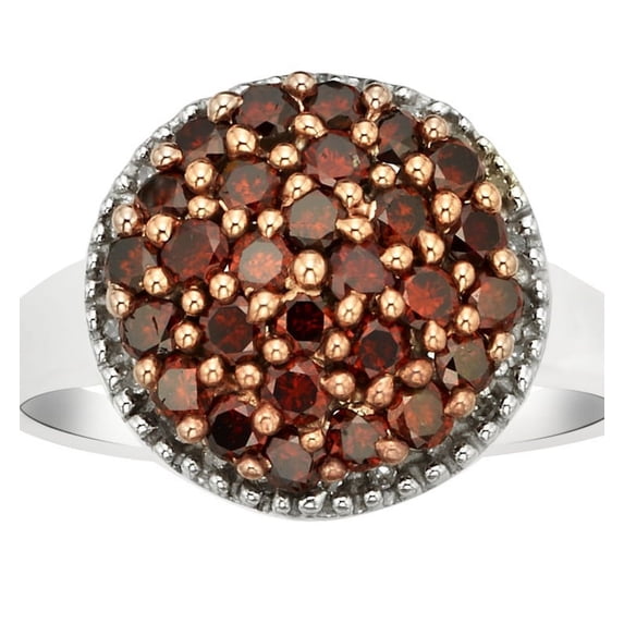 AFFY Round Shape Red Natural Diamond Cluster Promise Ring In 14K White Gold Over Sterling Silver (1 Cttw)