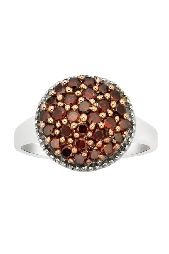 Round Shape Red Natural Diamond Cluster Promise Ring In 14K White Gold Over Sterling Silver (1 Cttw)