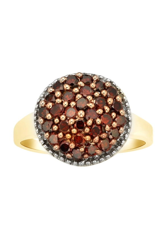 Round Shape Red Natural Diamond Cluster Promise Ring In 14K Yellow Gold Over Sterling Silver (1 Cttw)