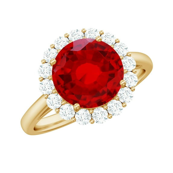 Rosec Jewels Certified Lab Grown Ruby Engagement Ring with Halo - Round Ruby Diamond Ring for Women (8 mm, AAAA Quality), 14K Yellow Gold, US 12.00