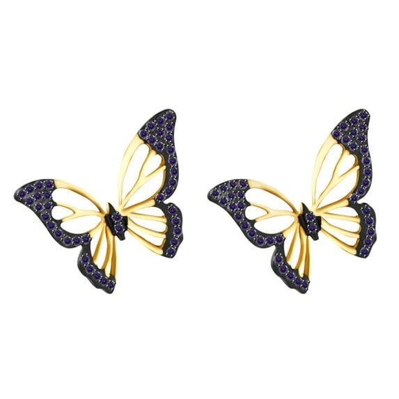 AFFY Round Shape Simulated Alexandrite Butterfly Stud Earrings In 14k Yellow Gold Over Sterling Silver
