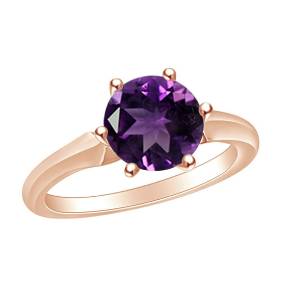 AFFY Round Shape Simulated Amethyst Solitaire Engagement Ring In 14k Solid Rose Gold Ring Size-5.5