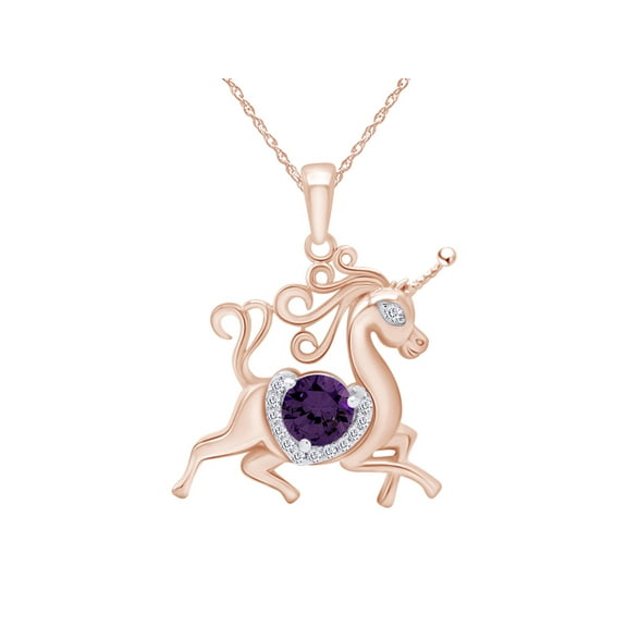 AFFY Round Shape Simulated Amethyst & White Cubic Zirconia Unicorn Horse Pendant Necklace In 14k Rose Gold Over Sterling Silver