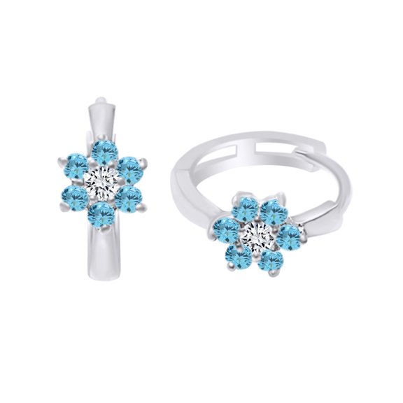 AFFY Round Shape Simulated Aquamarine & CZ Flower Huggie Hoop Earrings 14K White Gold Over Sterling Silver