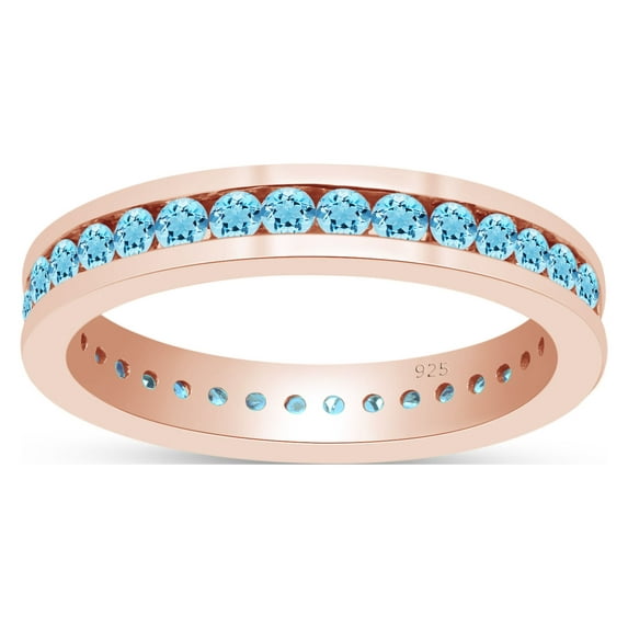 AFFY Round Shape Simulated Aquamarine Full Eternity Band Ring In 14K Rose Gold Over Sterling Silver, Ring Size-11.5