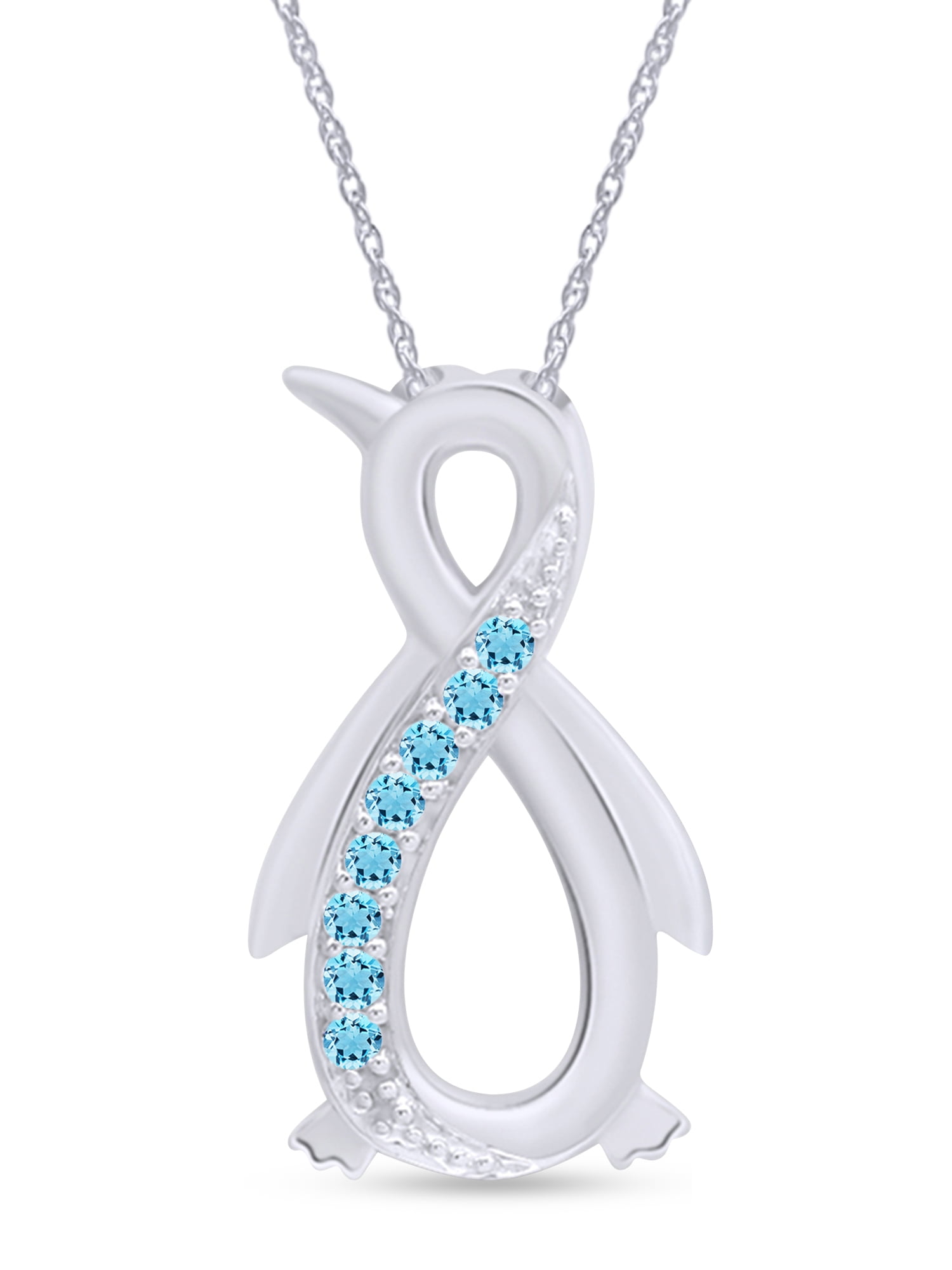Round Shape Simulated Aquamarine Penguin Infinity Pendant Necklace In 14K White Gold Over Sterling Silver