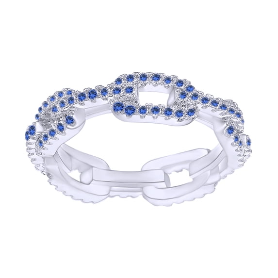 AFFY Round Shape Simulated Blue Sapphire CZ Buckle Knot Eternity Chopper Ring In 14K White Gold Over Sterling Silver