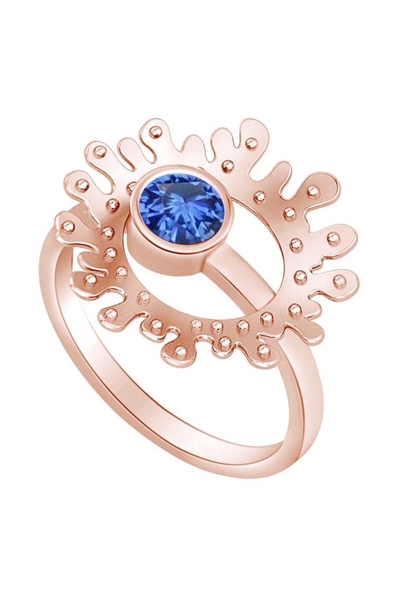 Round Shape Simulated Blue Sapphire Concave Shape Ring 14k Rose Gold Over Sterling Silver