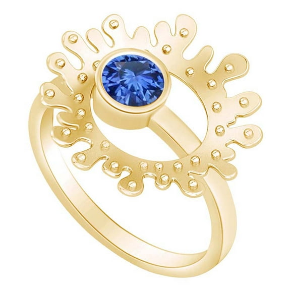 AFFY Round Shape Simulated Blue Sapphire Concave Shape Ring 14k Solid Yellow Gold