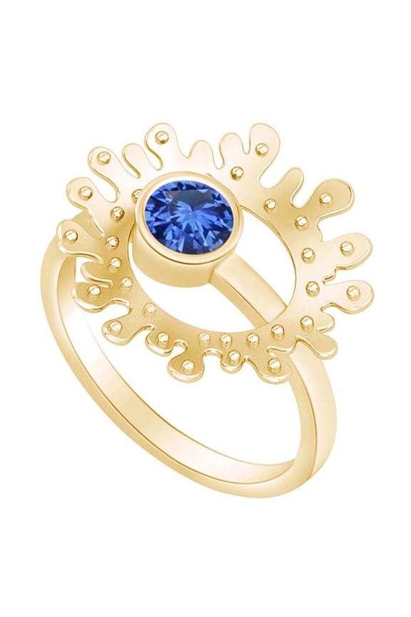 Round Shape Simulated Blue Sapphire Concave Shape Ring 14k Yellow Gold Over Sterling Silver