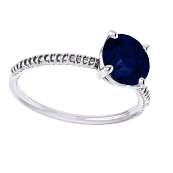 AFFY Round Shape Simulated Blue Sapphire Solitaire Engagement Ring In 14K White Gold, Ring Size-8.5