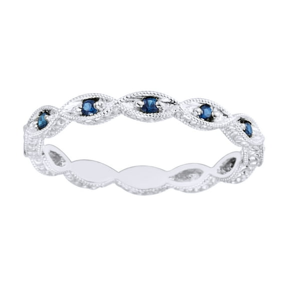 AFFY Round Shape Simulated Blue Sapphire Twisted Anniversary Band Ring In 14K White Gold, Ring Size-6.5