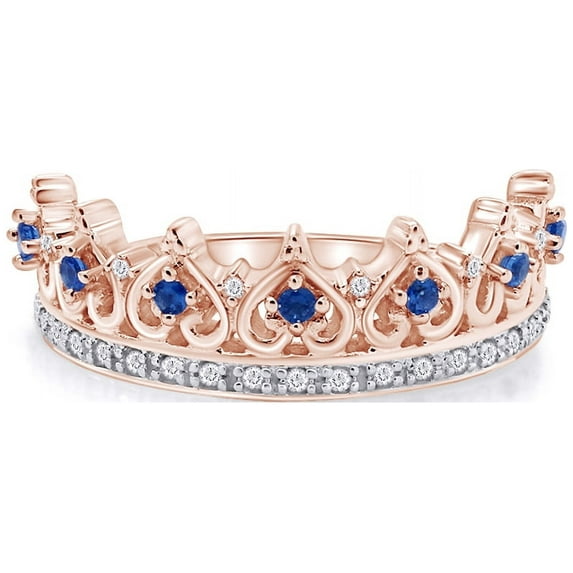 AFFY Round Shape Simulated Blue Sapphire With 0.06 Cttw White Diamond Heart Crown Ring In 14K Rose Gold Over Sterling Silver