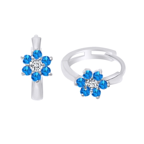 AFFY Round Shape Simulated Blue Topaz & CZ Flower Huggie Hoop Earrings 14K White Gold Over Sterling Silver