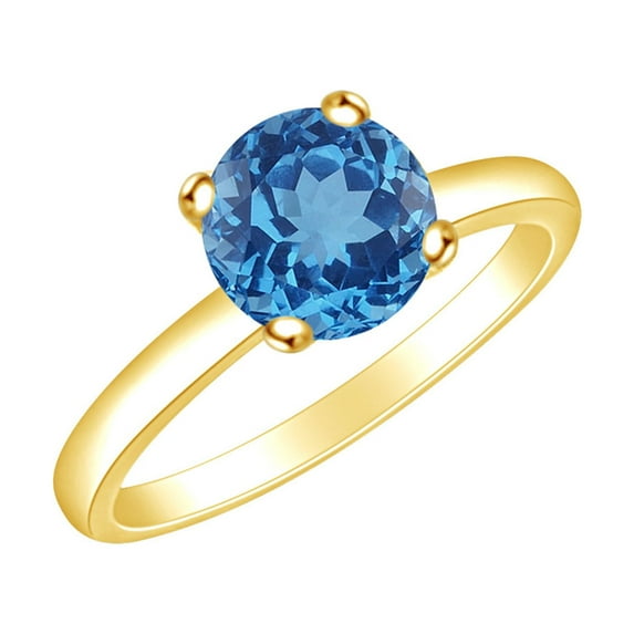 AFFY Round Shape Simulated Blue Topaz Solitaire Engagement Ring In 10k Solid Yellow Gold Ring Size-10