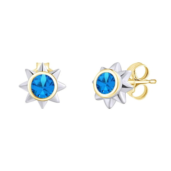 AFFY Round Shape Simulated Blue Topaz Two Tone Sunlight Sun Stud Earrings 14k Yellow Gold Over Sterling Silver for women