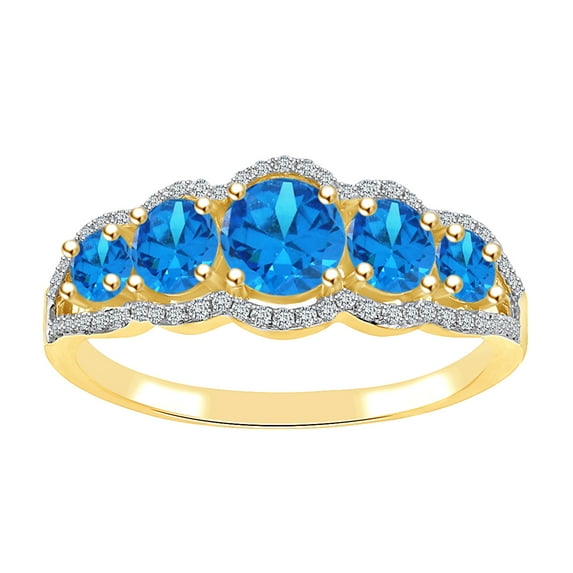 AFFY Round Shape Simulated Blue Topaz & White Natural Diamond Engagement Ring In 14k Solid Yellow Gold Ring Size-6