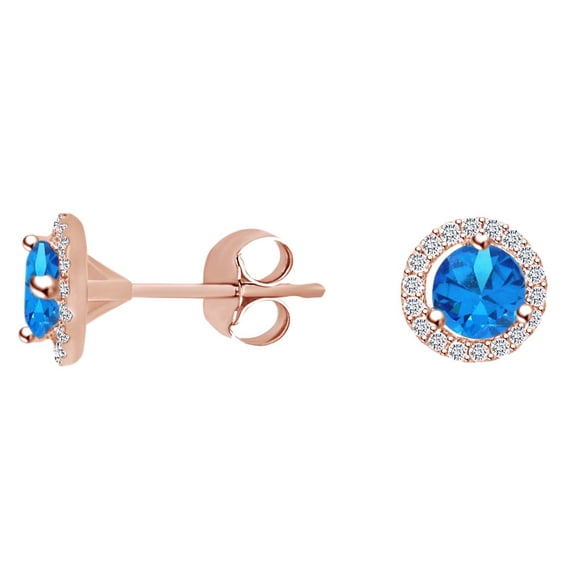 AFFY Round Shape Simulated Blue Topaz & White Natural Diamond Halo Stud Earrings In 14k Solid Rose Gold