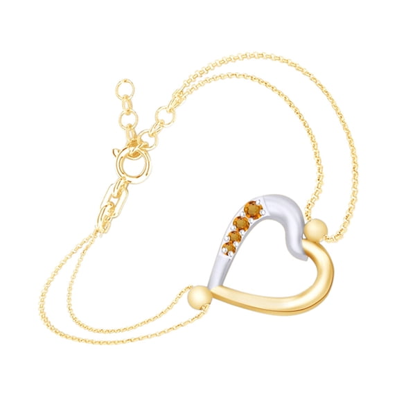 AFFY Round Shape Simulated Citrine Two Tone Heart Link Chain Bracelets In 14k Yellow Gold Over Sterling Silver-8.5"