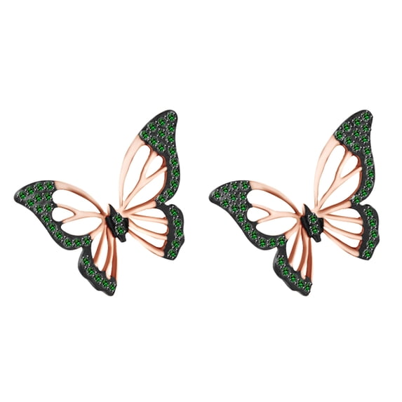 AFFY Round Shape Simulated Emerald Butterfly Stud Earrings In 14k Rose Gold Over Sterling Silver