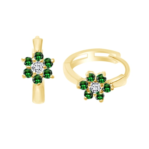 AFFY Round Shape Simulated Emerald & CZ Flower Huggie Hoop Earrings 14K White Gold Over Sterling Silver